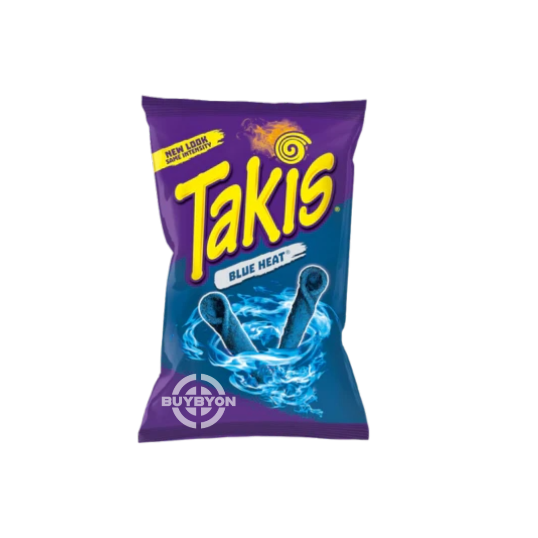 A 92.3g bag of Takis Blue Heat, featuring the distinctive blue-colored rolled tortilla chips that deliver a tangy and spicy crunch.