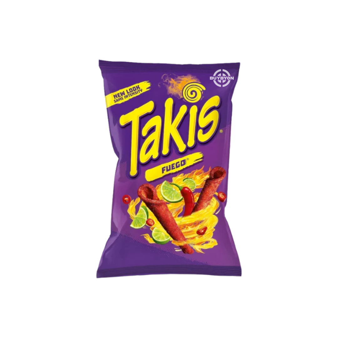 Takis Fuego spicy rolled tortilla chips in a 100g pack, featuring a bold chilli pepper and lime flavour, perfect for spicy snack lovers.