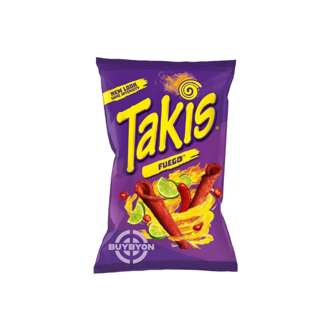 A 180g bag of Takis Fuego, showcasing the rolled tortilla chips coated in vibrant red and orange seasoning, indicative of their intense spicy and tangy flavor.