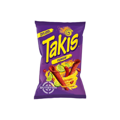 A 55g bag of Takis Fuego, showcasing the rolled tortilla chips with a vibrant red and orange seasoning indicative of their spicy and tangy flavor.