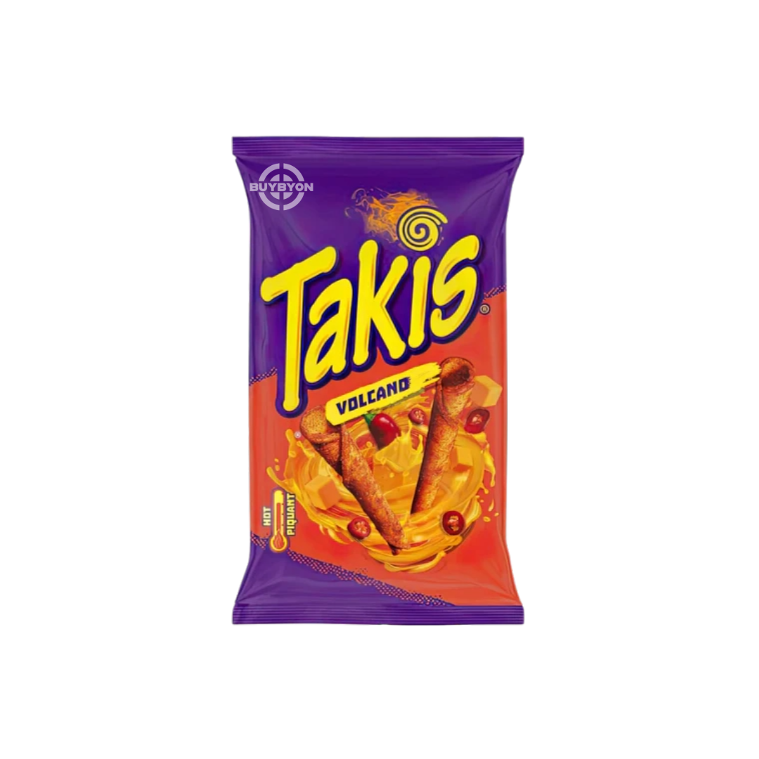 Takis Volcano 180g fiery rolled tortilla chips offering intense heat and crunch, perfect for bold snacking.
