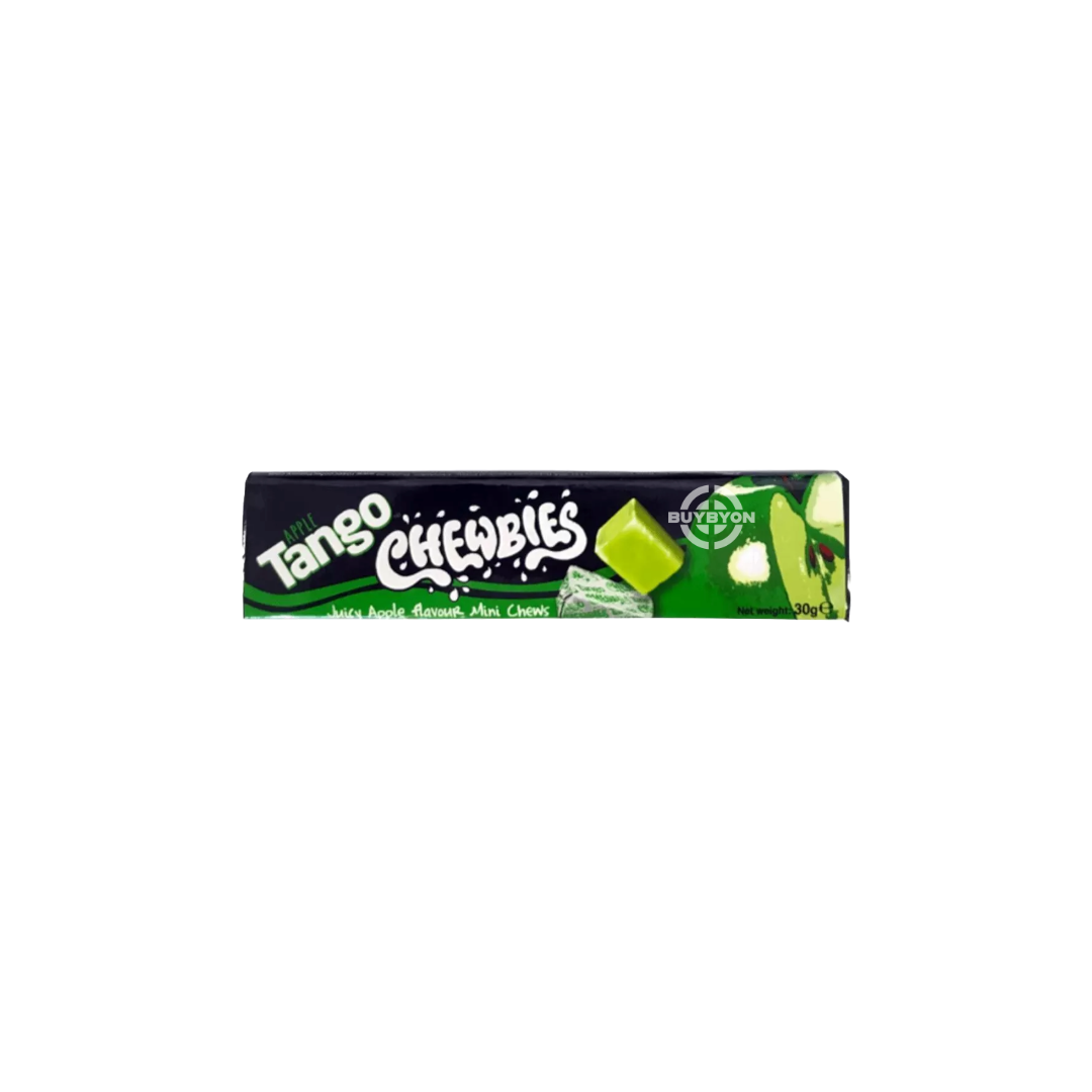 Tango Apple Chewbies - 30g pack showcasing vibrant green and red packaging with apple imagery and Tango logo.