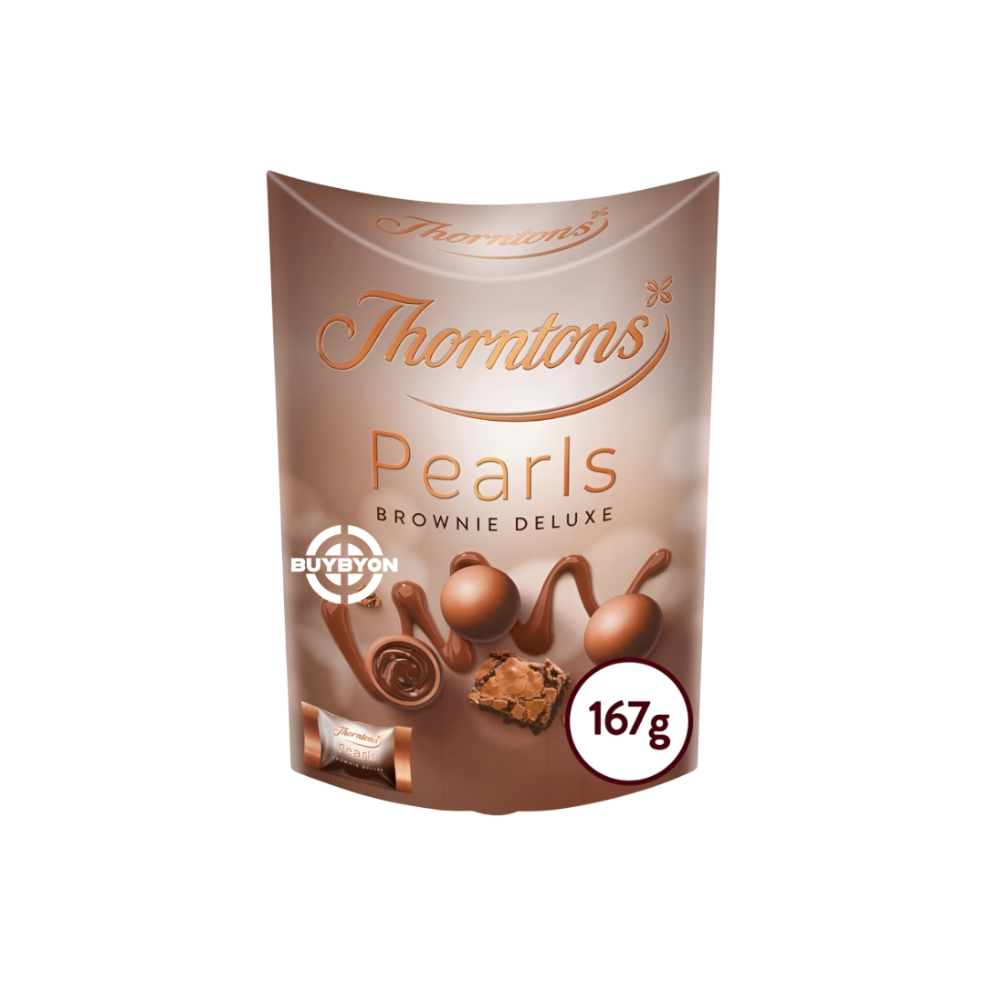 Thorntons Pearls Brownie Deluxe Box - 167g, featuring shimmering, brownie-flavoured chocolate pearls with a smooth milk chocolate coating.