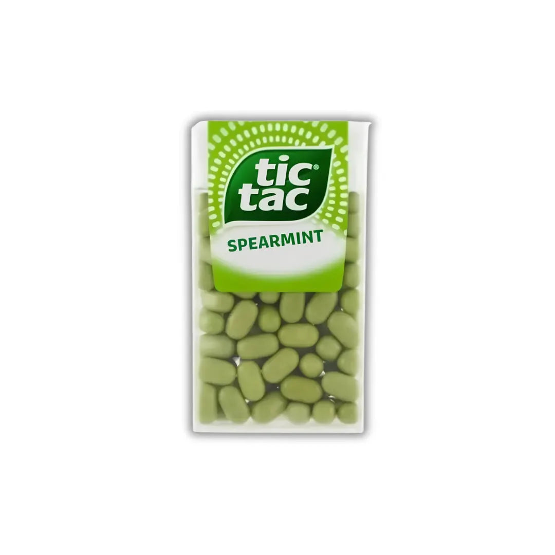 A pack of Tic Tac Spearmint mints in a clear plastic sleeve with a green and white label, shown against a plain white background.
