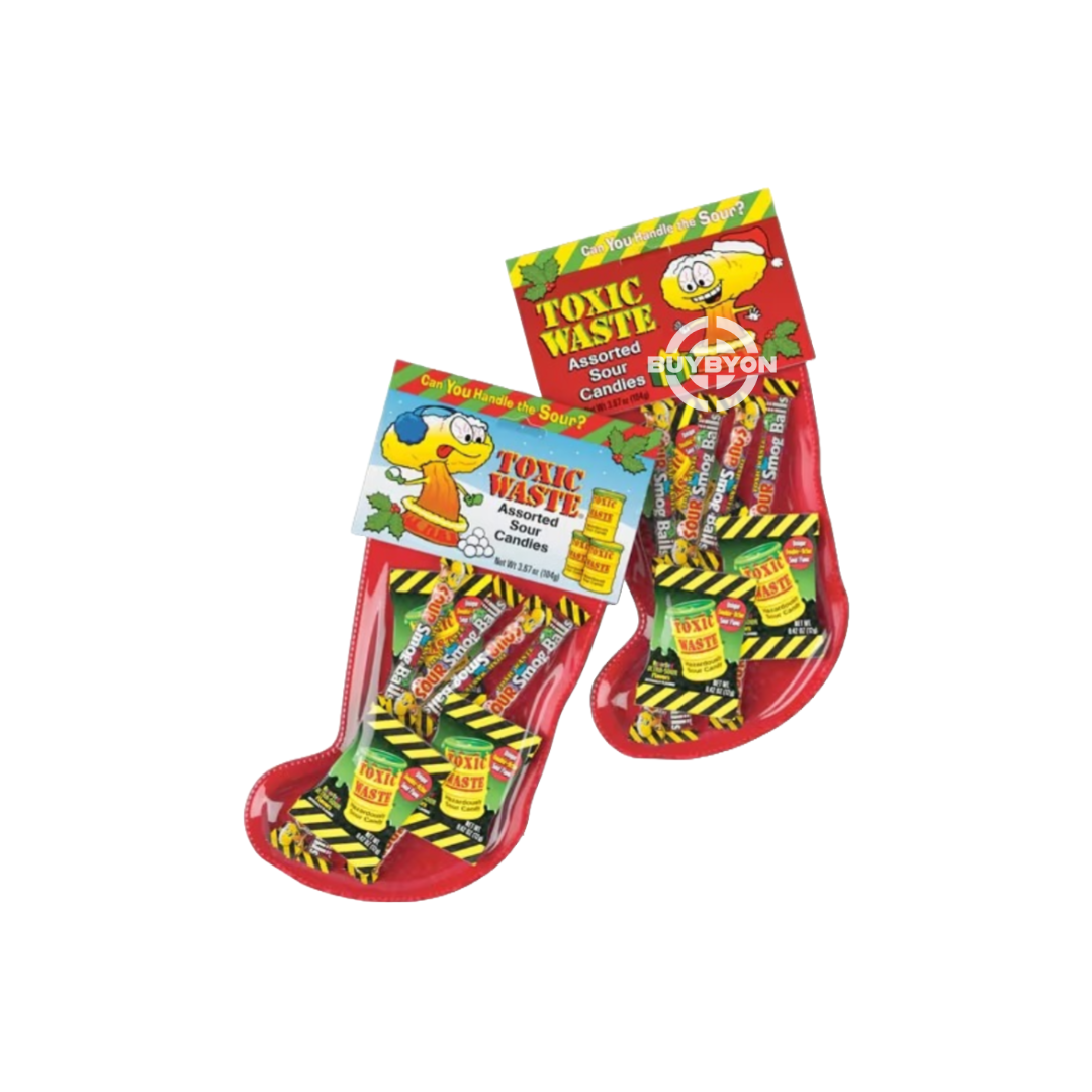 Toxic Waste Christmas Stocking - 104g with assorted sour candies for a festive and bold holiday treat.