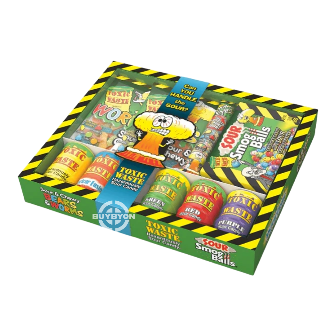 Toxic Waste Gift Set – 641g pack filled with a variety of ultra-sour candies, perfect for sour candy enthusiasts or as a fun, unique gift for friends.