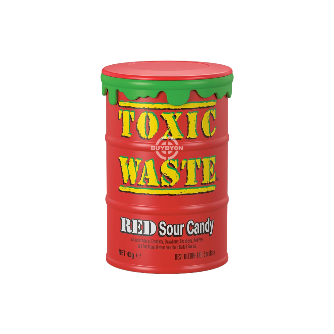 Toxic Waste Red Drum - 42g, extreme sour candy in a bright red portable drum, packed with bold fruity flavours.