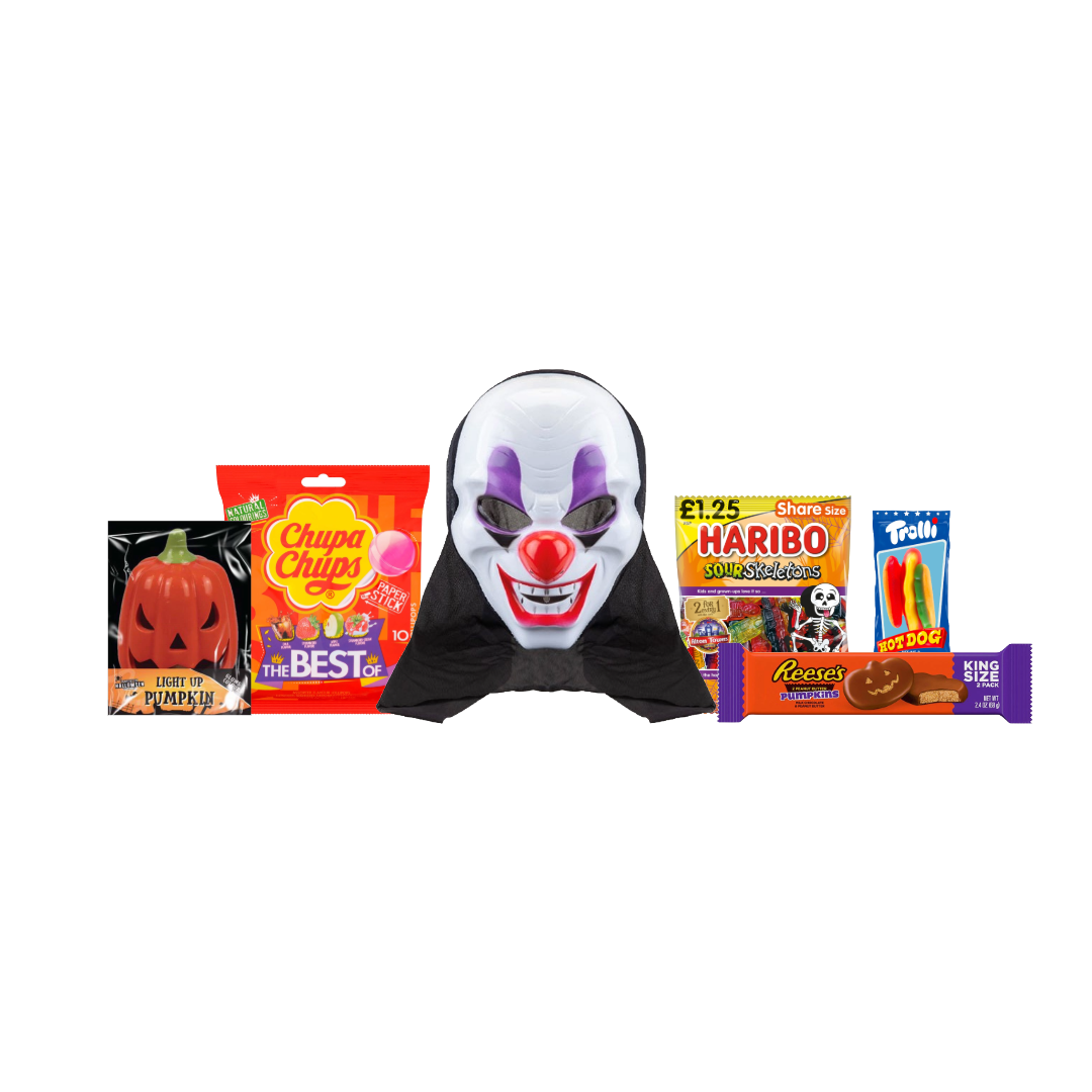 Trickster Treats Halloween Bundle featuring Haribo Sour Skeletons, Reese's Peanut Butter Pumpkins, Trolli Hotdogs, Chupa Chups, a luminous pumpkin, and a clown mask.