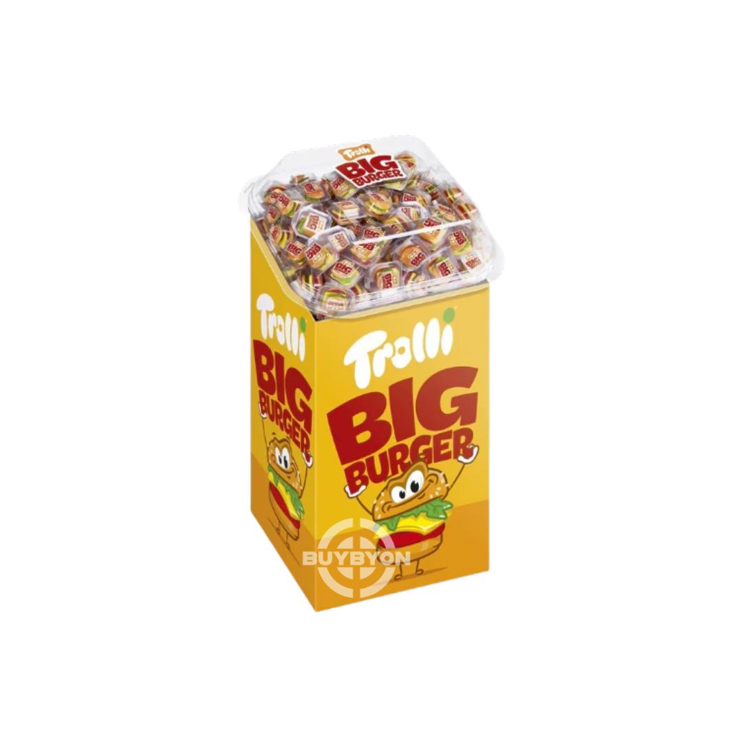 Trolli Display Big Burger – 50g gummy candy featuring a colorful, burger-shaped design with fruity