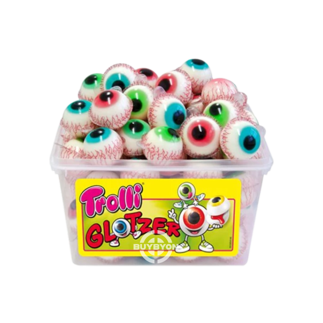 Trolli Glotzer Pop Eye Tub – 20g, featuring 60 eyeball-shaped gummy candies with a chewy texture and fruity flavor, perfect for Halloween snacking or trick-or-treating.