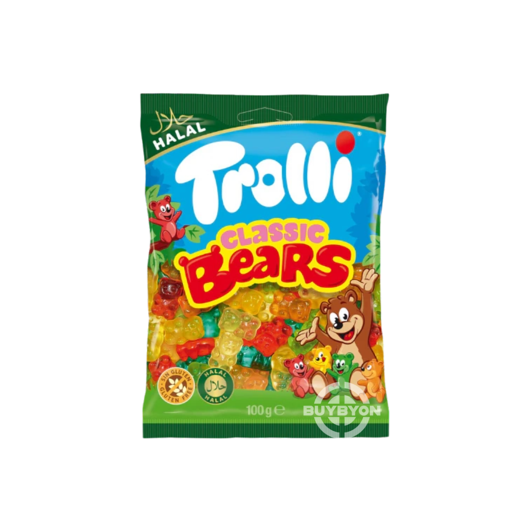 Trolli Halal Bears – 100g bag featuring colorful, chewy gummy bears made with halal-certified ingredients, perfect for snacking or sharing.