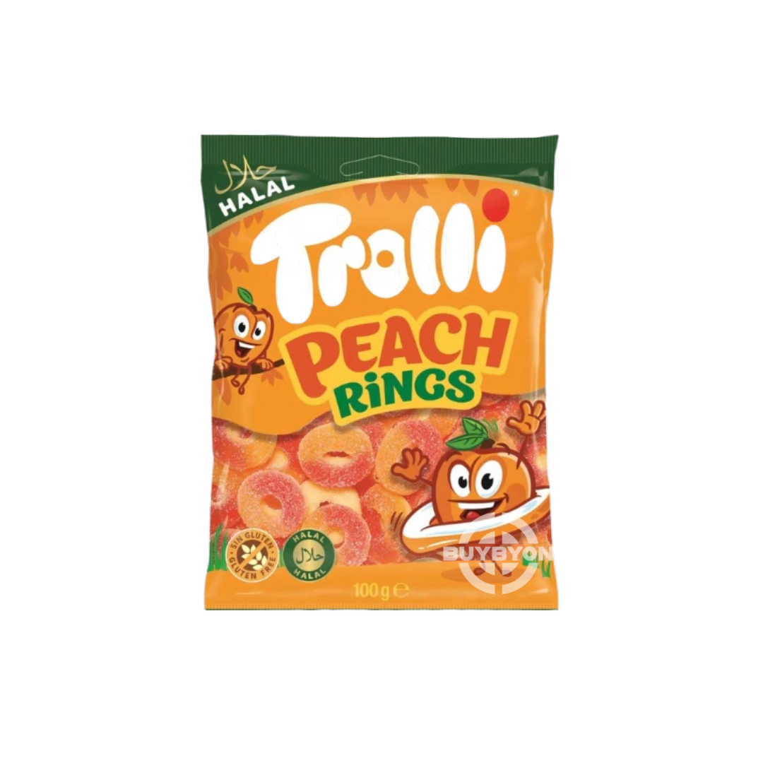 Trolli Halal Peach Rings – 100g bag filled with soft, chewy peach-flavored rings made with halal-certified ingredients, ideal for fruity snacking.