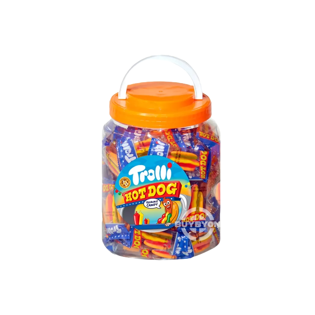 Trolli Hotdogs – Pack of 60 featuring mini hotdog-shaped fruity gummy candies, perfect for sharing and party treats.