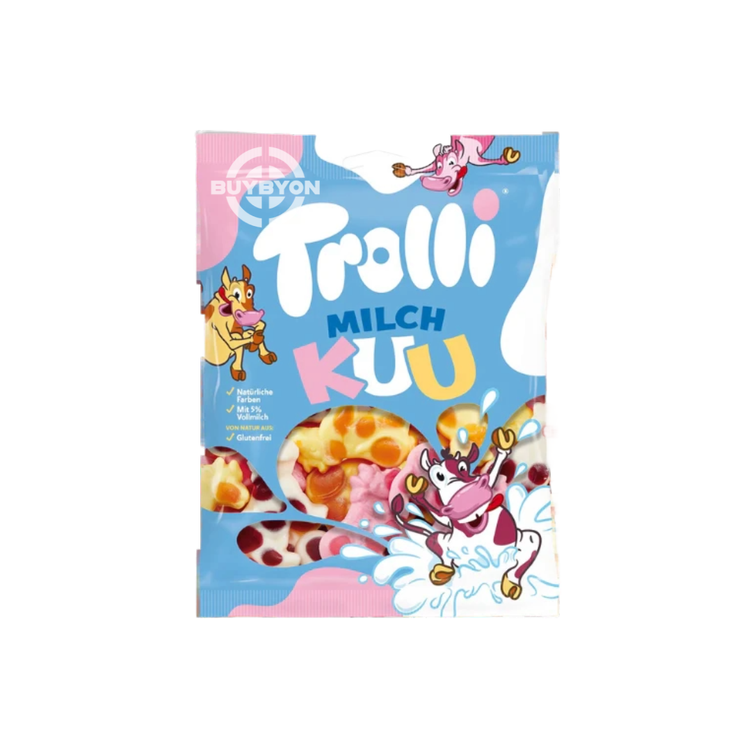 Trolli Milch Kuu – 150g bag featuring soft and chewy milk-flavored candies, perfect for a delightful snacking experience.