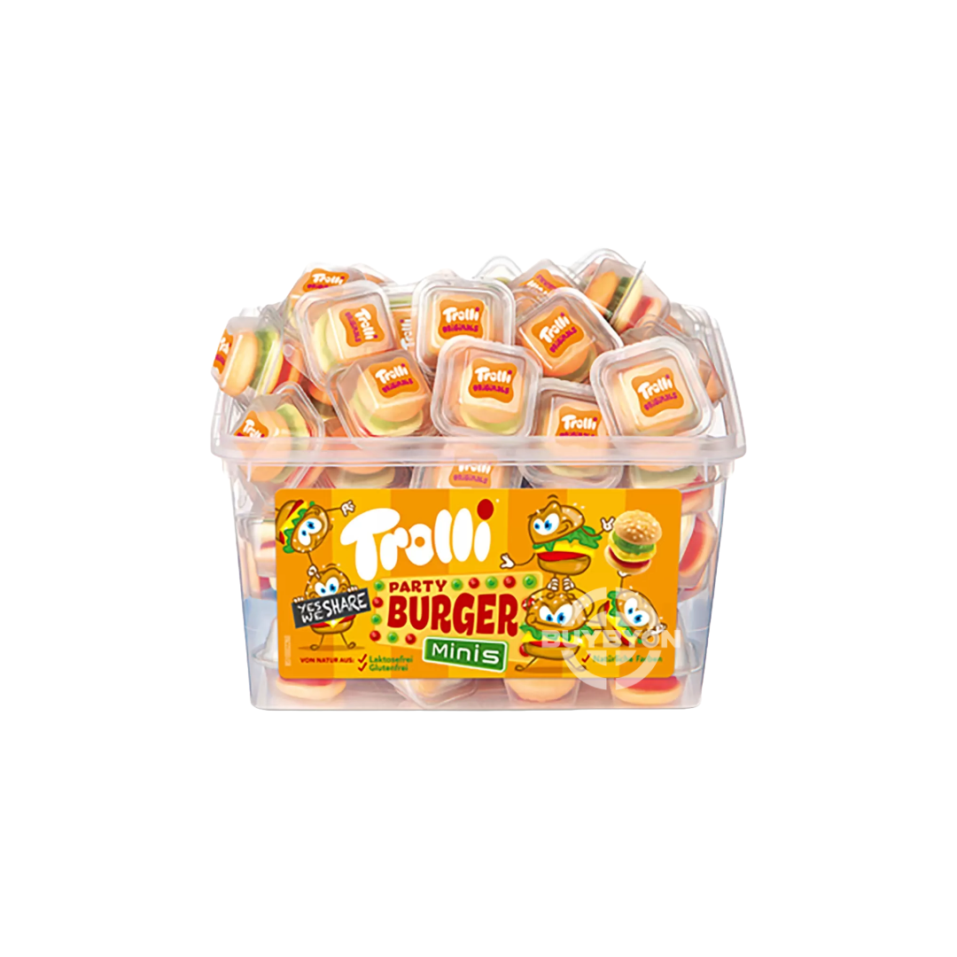 Trolli Party Burger Mini Sweets – Pack of 60 featuring mini, burger-shaped gummy candies, perfect for parties and sharing.