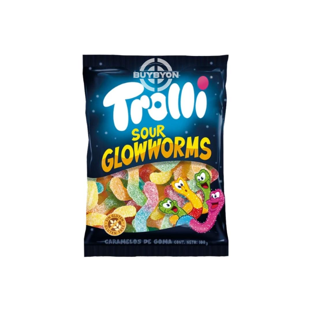 Trolli Sour Glowworms – 100g bag featuring brightly colored sour gummy worms with fruity flavors, perfect for sour candy lovers and party treats.