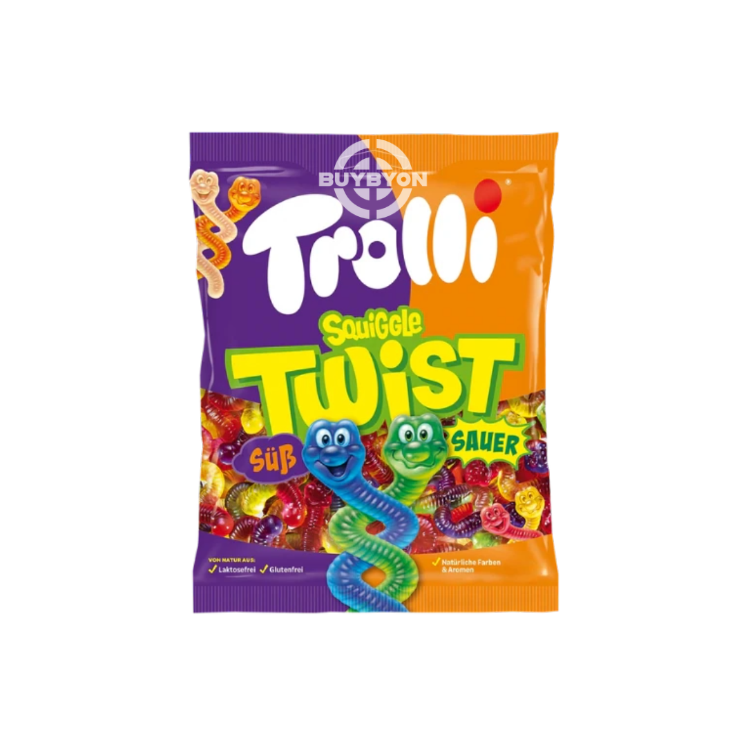 Trolli Squiggle Twist – 100g bag featuring twisted gummy shapes in bright colors and fruity flavors, perfect for playful snacking.