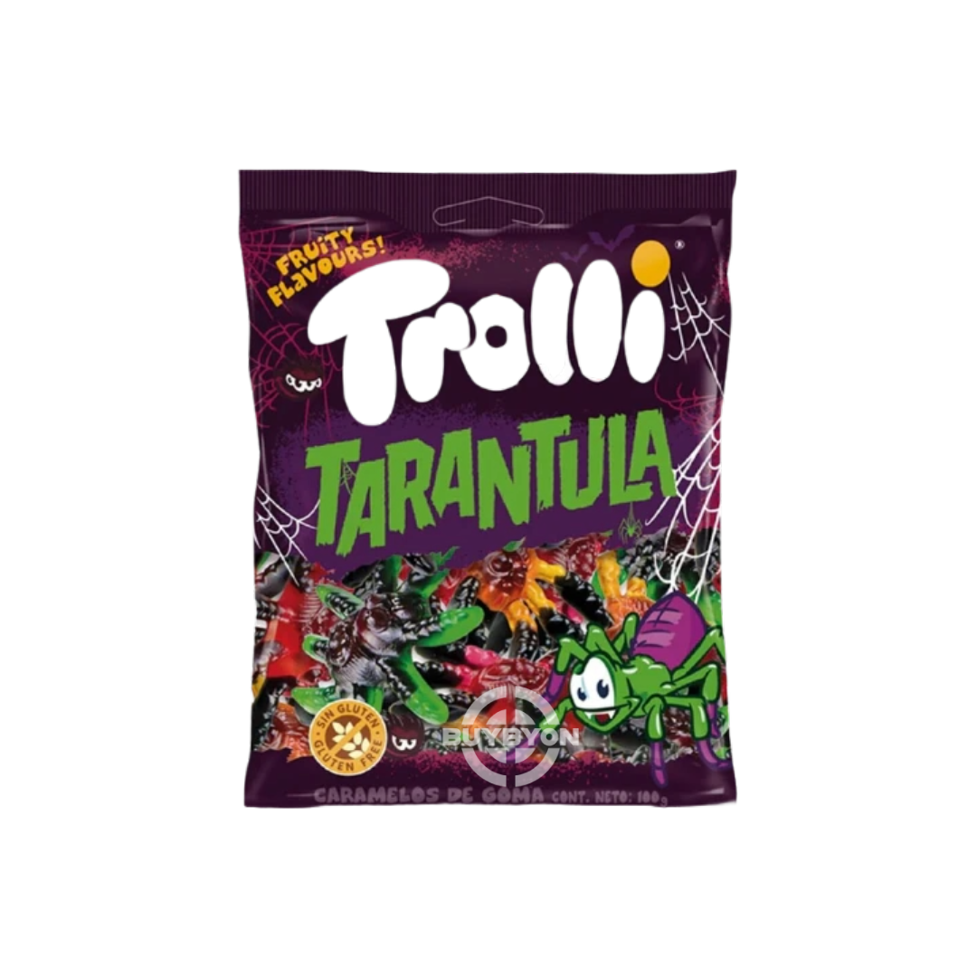 Trolli Tarantula Bag – 150g featuring spider-shaped gummy candies with fruity flavors, ideal for Halloween snacking, parties, or trick-or-treat bags.