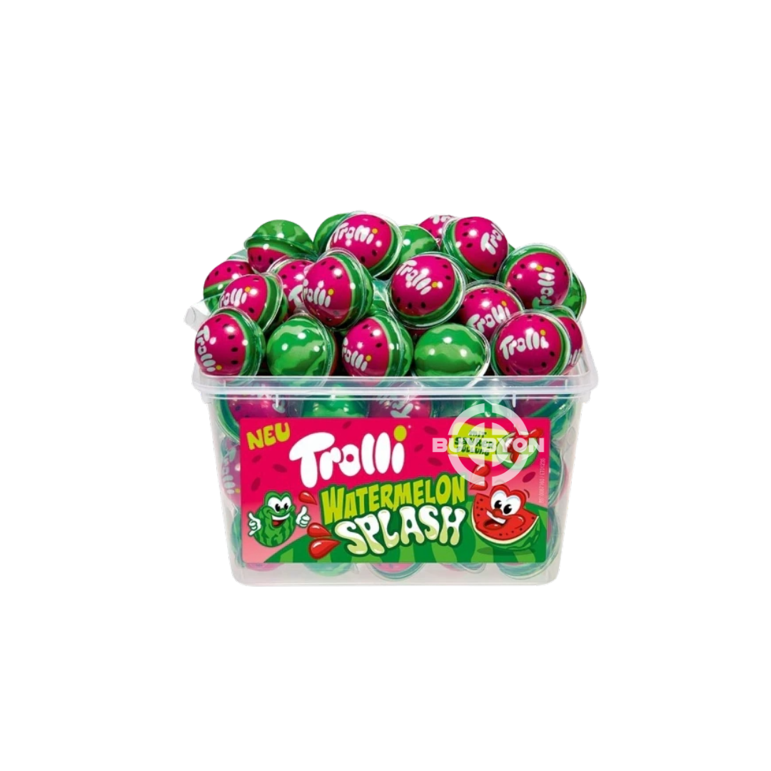 Trolli Watermelon Splash – 20g tub featuring soft and chewy watermelon-flavored gummies, ideal for on-the-go snacking or treat bags.