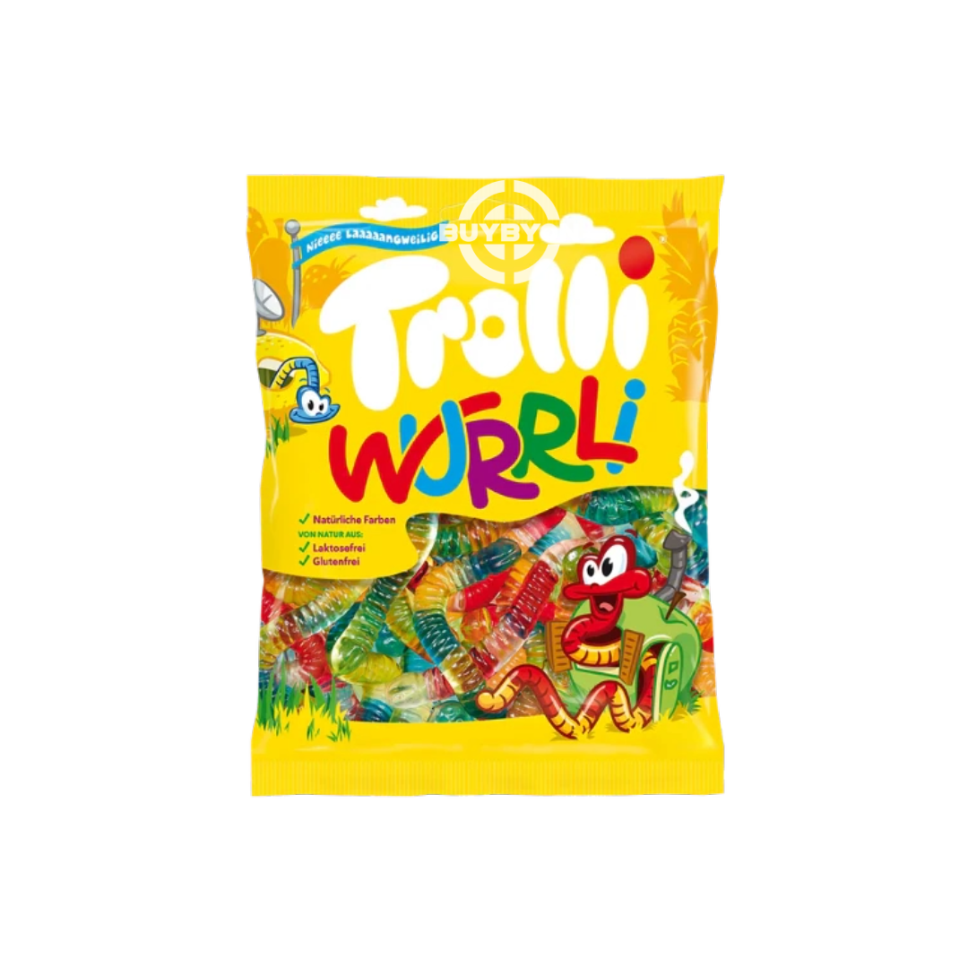 Trolli Wurrli Bag 100g filled with assorted fun and fruity sour gummy treats.