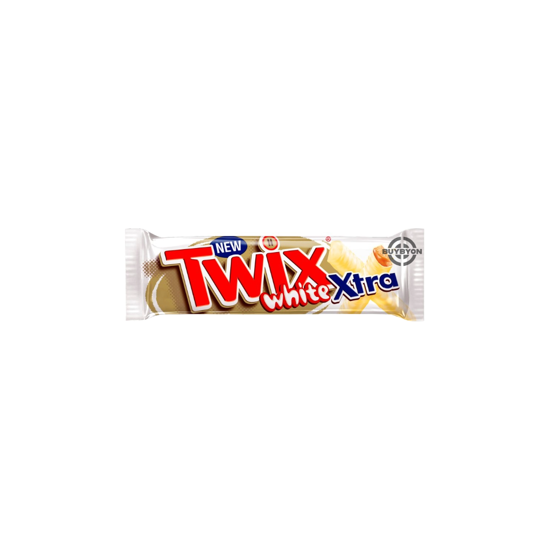 Twix Xtra White Chocolate Biscuit Twin Bars - 75g with caramel and crunchy biscuit layers, coated in white chocolate.