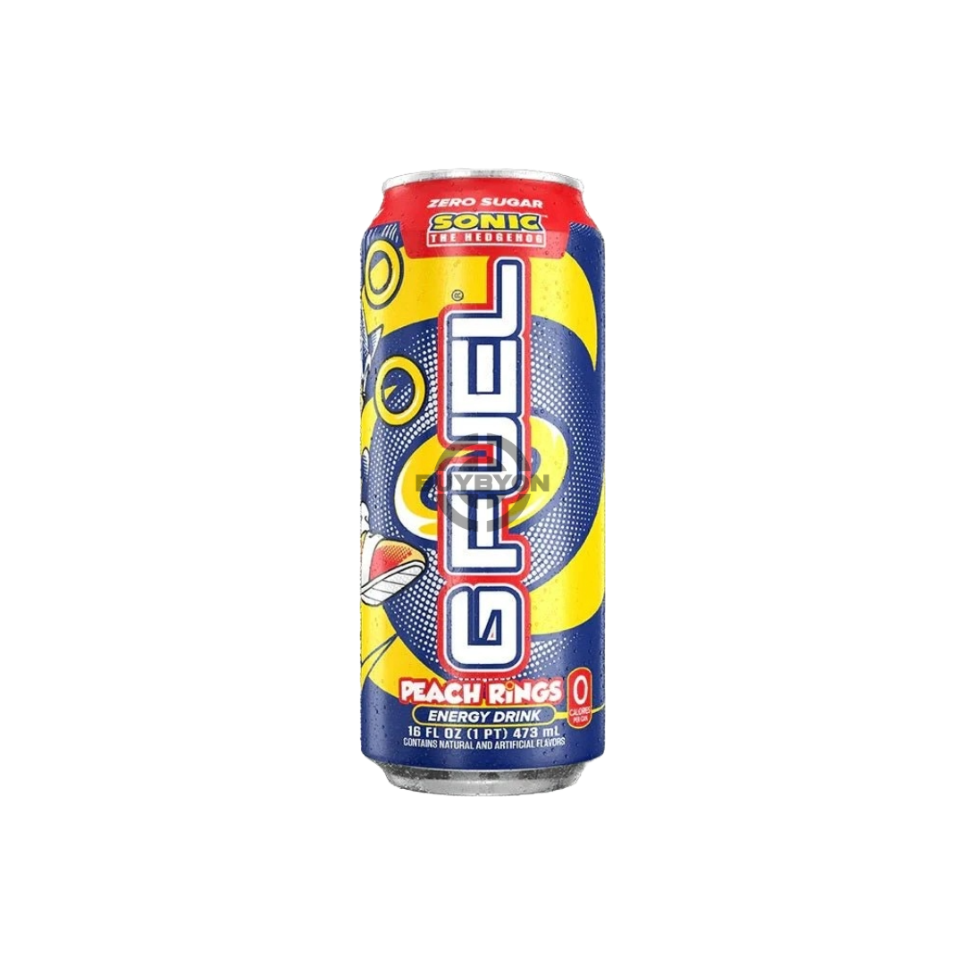 G Fuel-Sonic The Hedgehog Peach Rings Zero Sugar Energy Drink 473ml – A vibrant energy drink can featuring Sonic the Hedgehog, delivering zero sugar and peak performance energy with a delicious peach rings flavour.