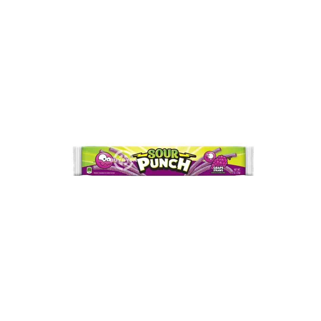 A pack of Sour Punch Grape - 56g featuring vibrant packaging with grape-flavoured sour straws inside, highlighting the tangy and sweet appeal of this chewy treat.