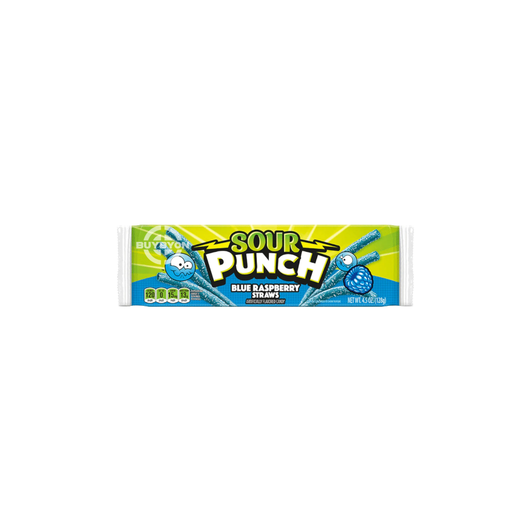 A pack of Sour Punch Blue Raspberry - 56g featuring vibrant packaging with blue raspberry-flavoured sour straws inside, highlighting the tangy and sweet appeal of this chewy treat.