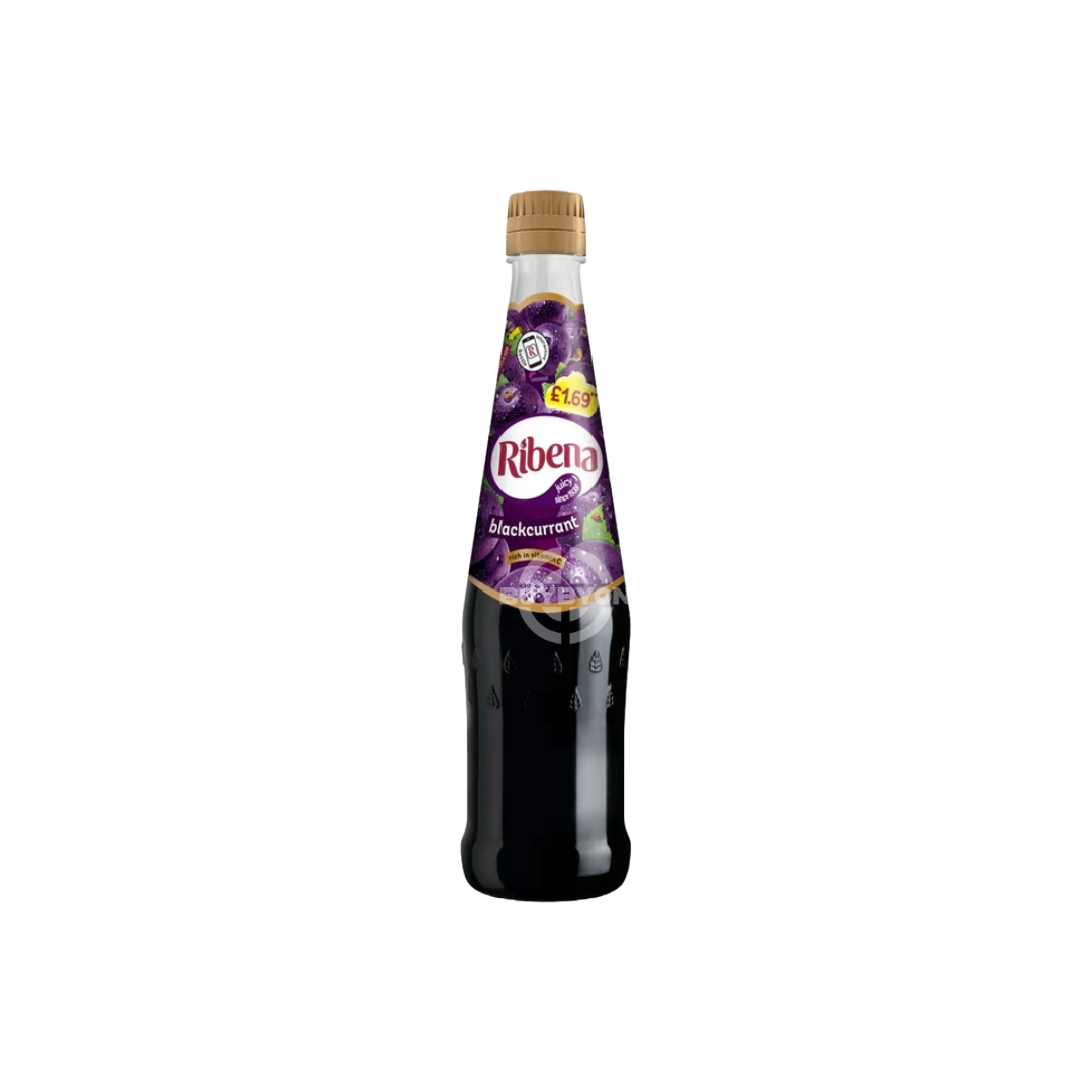  A 600ml bottle of Ribena Blackcurrant Squash, featuring its deep purple colour and iconic branding, highlighting the rich and tangy blackcurrant flavour.