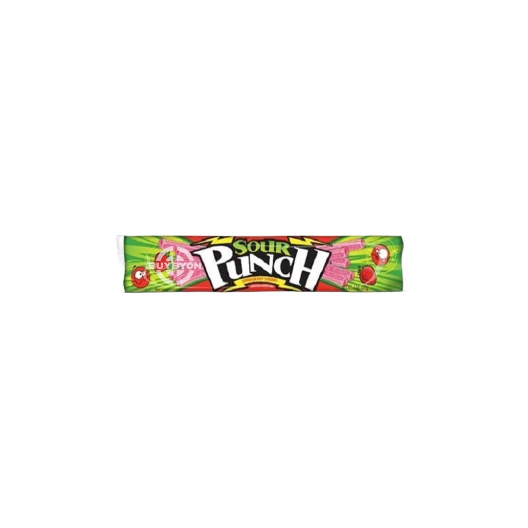 A pack of Sour Punch Watermelon - 56g featuring vibrant packaging with watermelon-flavoured sour straws inside, highlighting the tangy and sweet appeal of this chewy treat.