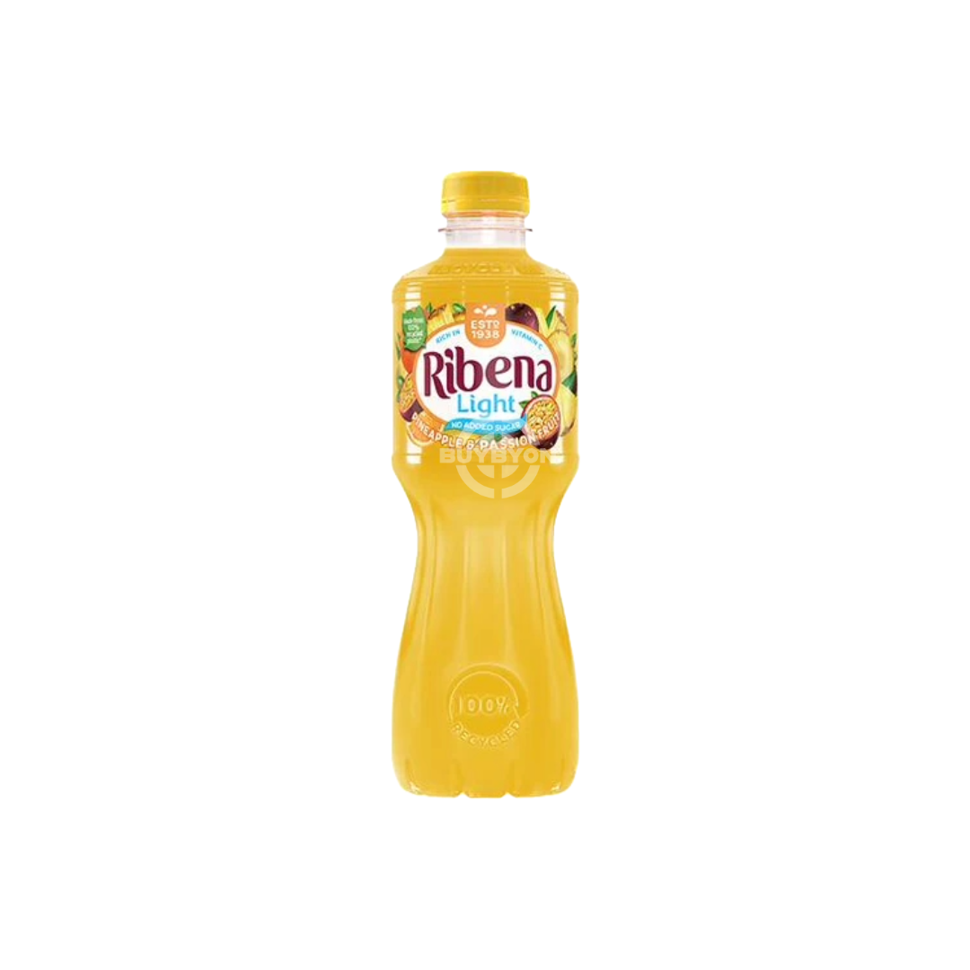 A 500ml bottle of Ribena Pineapple and Passion Fruit Juice Drink No Added Sugar, showcasing its vibrant yellow and orange colours and branding, highlighting the delicious and tropical pineapple and passion fruit flavours.