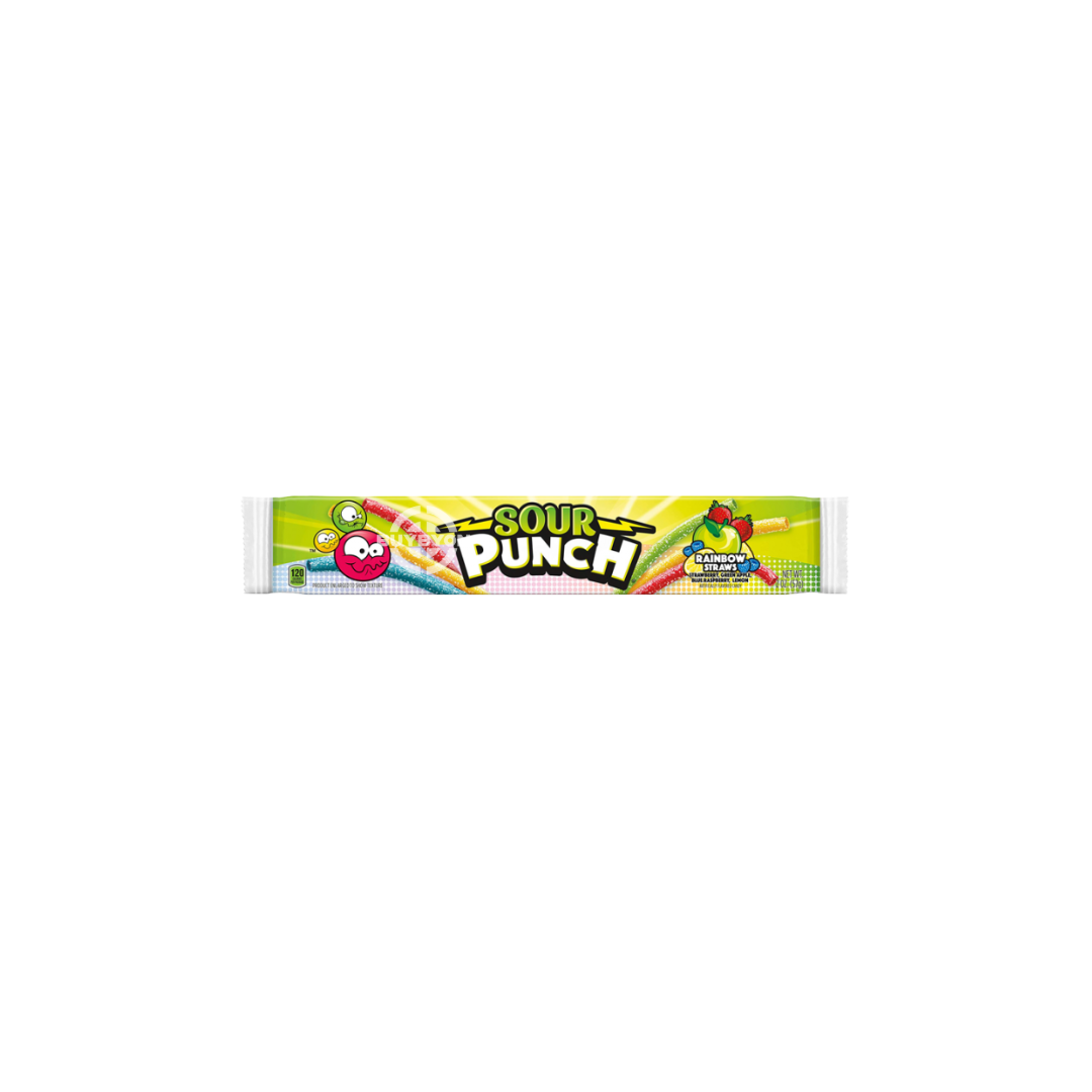 A pack of Sour Punch Rainbow - 56g featuring vibrant packaging with colourful sour straws inside, highlighting the tangy and sweet appeal of this chewy treat.