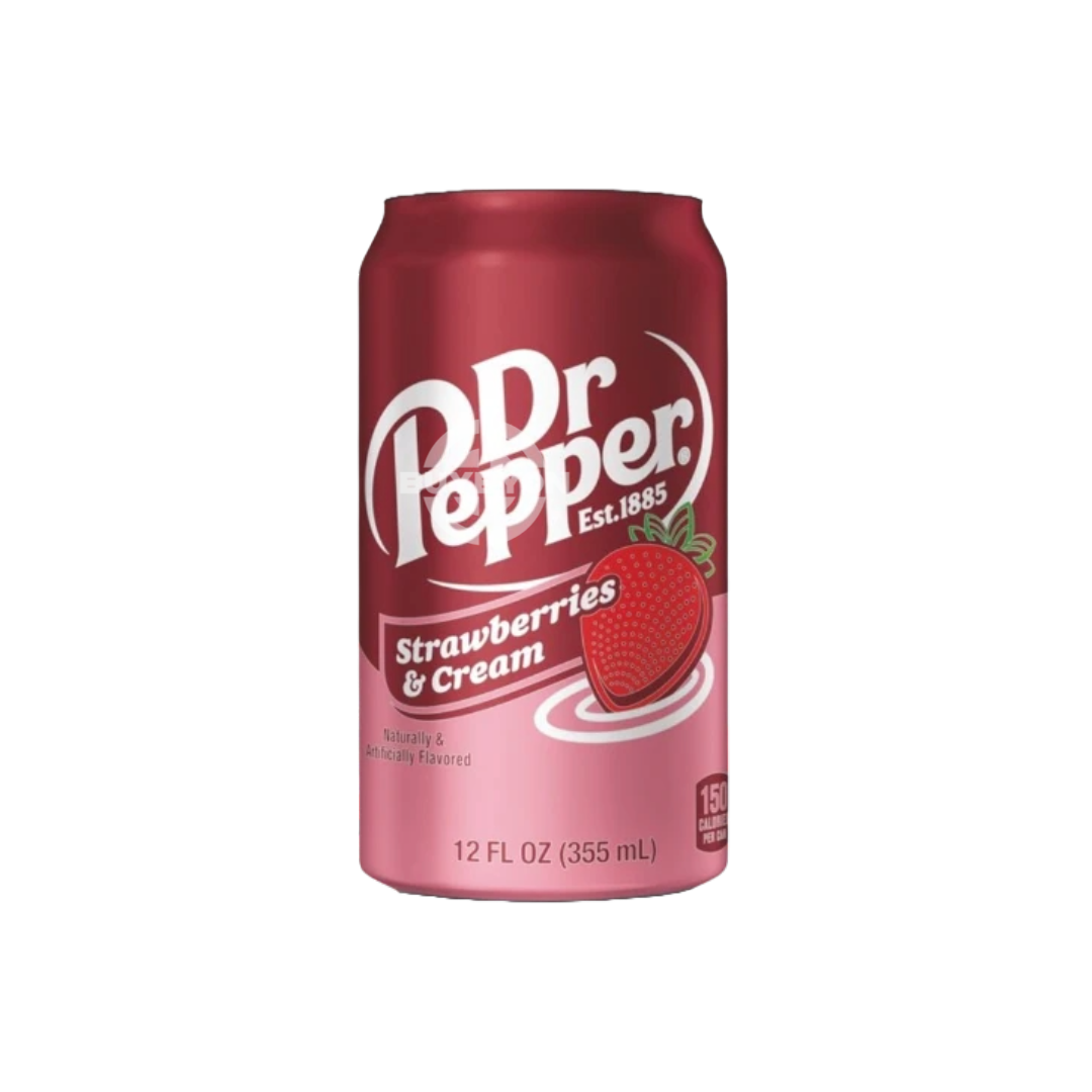 Dr Pepper Strawberries &amp; Cream - 355ml – A vibrant can of Dr Pepper Strawberries &amp; Cream, featuring a blend of classic Dr Pepper branding with strawberry and cream graphics, offering a sweet and creamy soda experience with a unique twist.