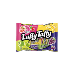 Laffy Taffy Assorted Laydown Bag - 340g showcasing a variety of colourful chewy candies in a resealable bag, ideal for snacking and sharing