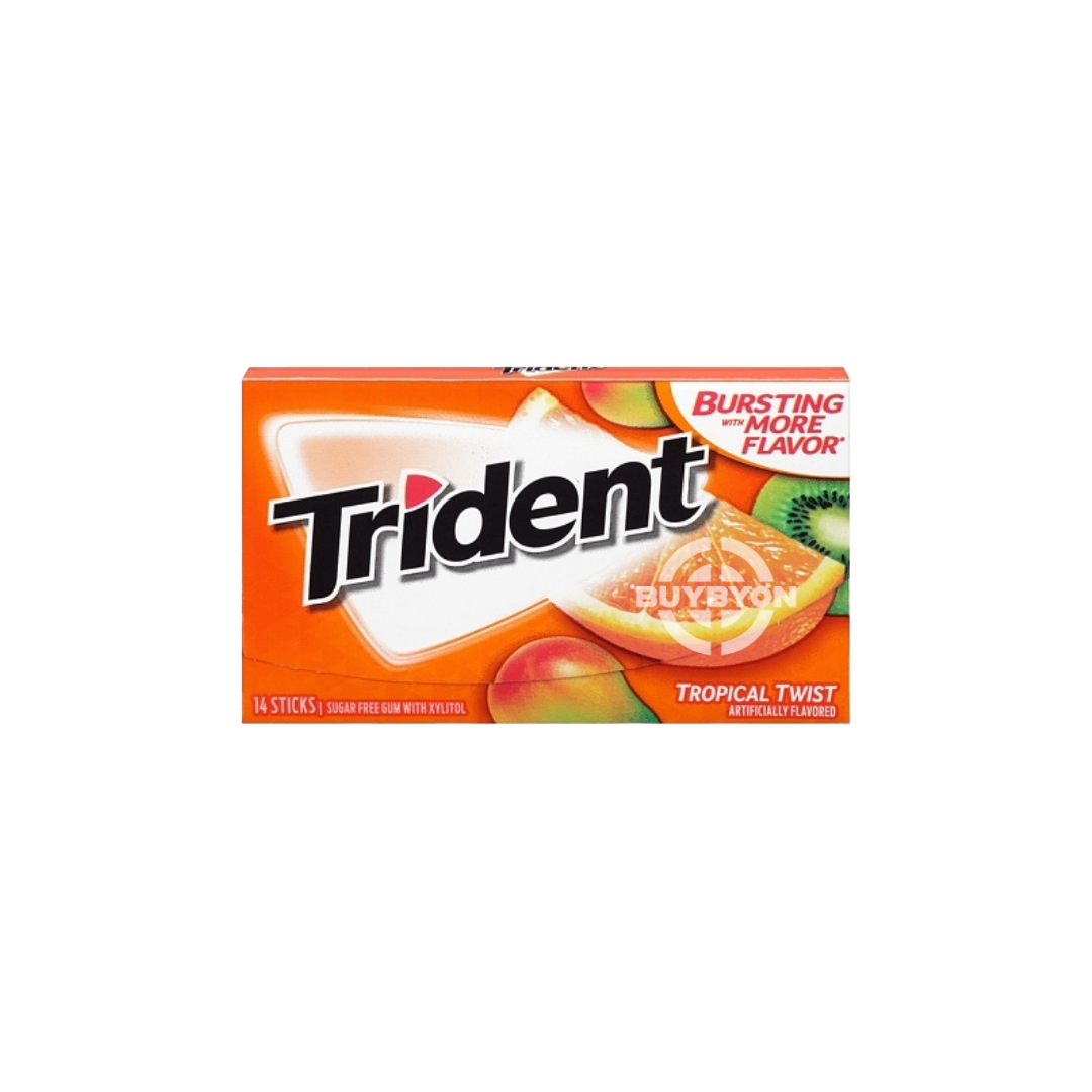 A pack of Trident Tropical Twist - 31g featuring vibrant packaging with tropical fruit imagery, highlighting the refreshing and fruity appeal of this sugar-free gum.