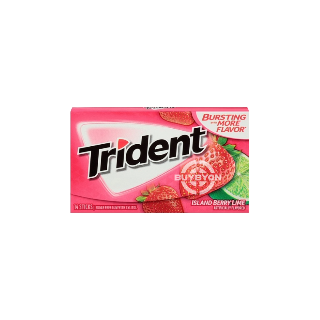 A pack of Trident Island Berry Lime - 31g featuring vibrant packaging with imagery of berries and lime, highlighting the refreshing and fruity appeal of this sugar-free gum.