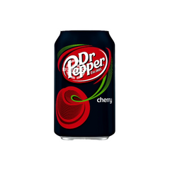 "Dr Pepper Cherry - 355ml can featuring bold red cherry imagery, distinctive Dr Pepper branding, and a description of the unique cherry-infused flavour. Perfectly chilled for optimal refreshment."