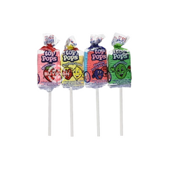 A colourful assortment of Top Pops Assorted - 7g lollipops, showcasing a variety of fruity flavours wrapped in vibrant packaging.