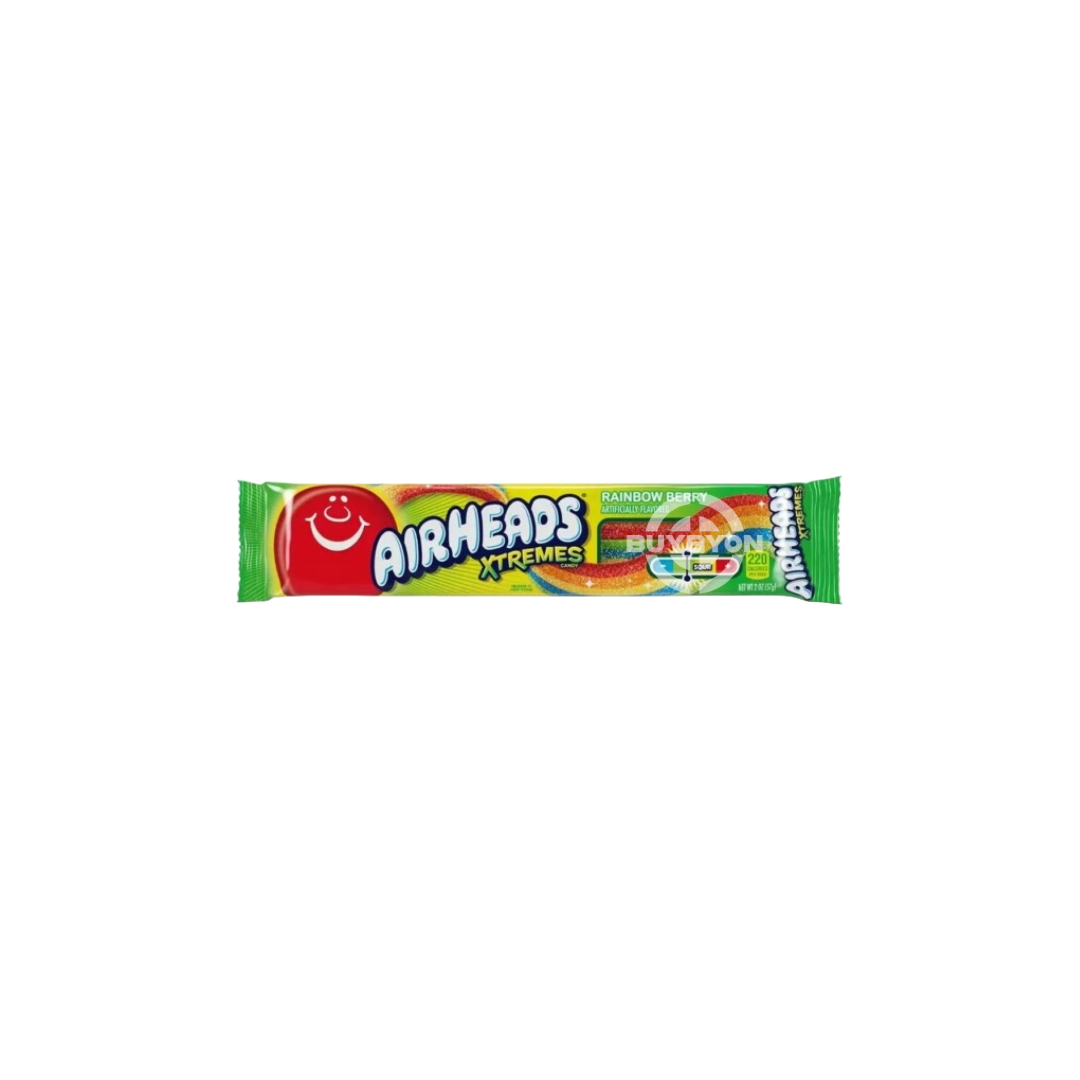 Airheads Xtremes Rainbow Berry Belts - 57g showcasing colourful, tangy candy belts in a resealable pack, perfect for a sweet and sour snack