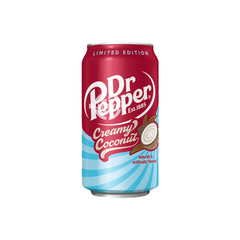 "Dr Pepper Creamy Coconut - 355ml can featuring tropical coconut imagery, distinctive Dr Pepper branding, and a description of the unique creamy coconut-infused flavour. Perfectly chilled for optimal refreshment."