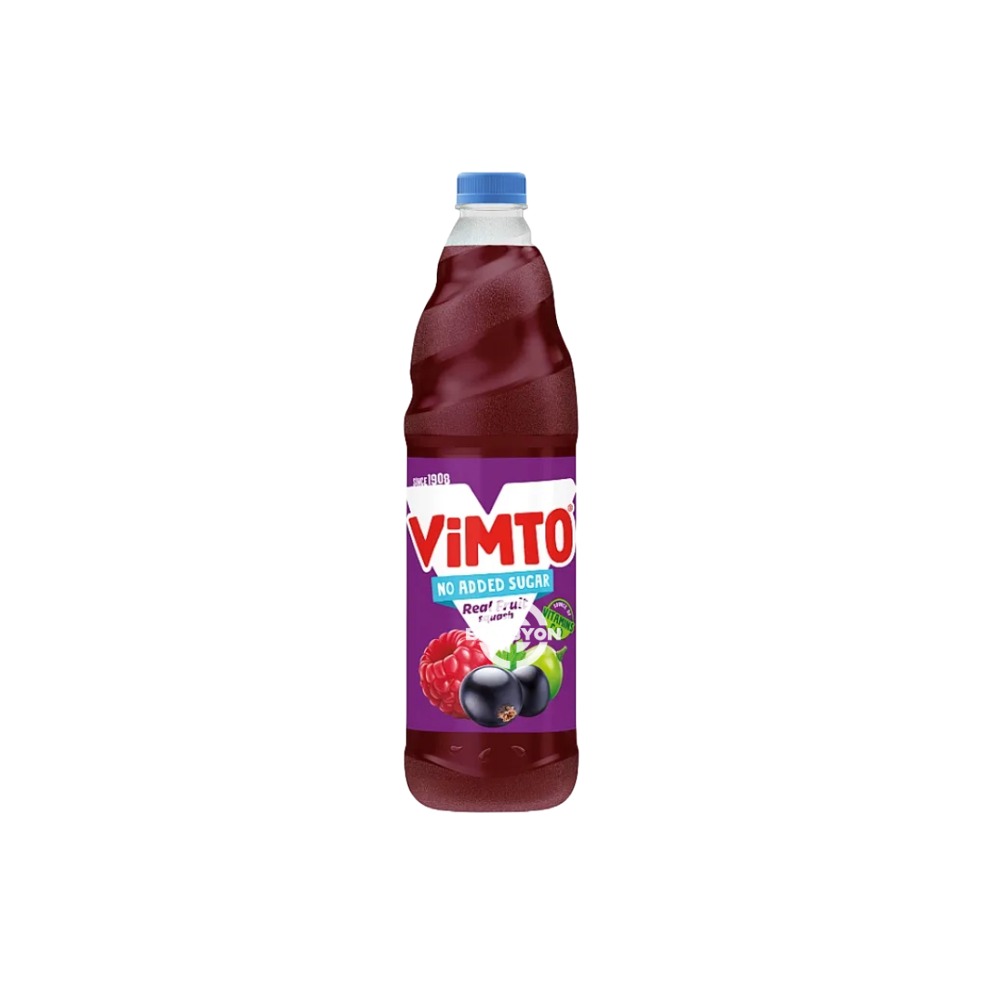 Vimto Real Fruit Squash - 725ml bottle showcasing vibrant fruit imagery, distinctive Vimto branding, and a description of the real fruit juice blend. Perfectly refreshing for any occasion, offering genuine fruit flavour with every sip.