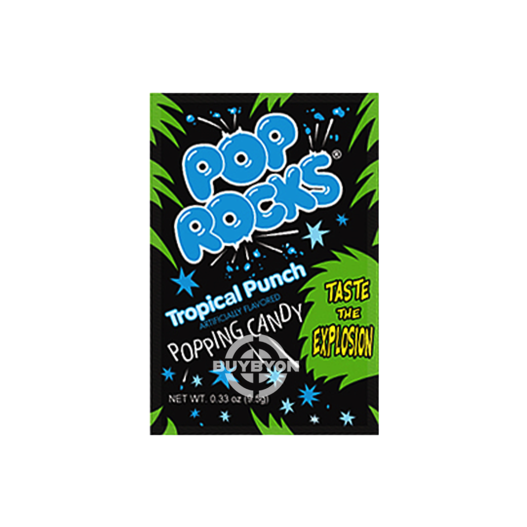 A pack of Pop Rocks Tropical Fruit Punch - 9g featuring vibrant packaging with popping candy inside, highlighting the fun and exciting appeal of this fizzy and tropical treat.