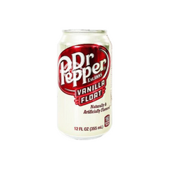 Dr Pepper Vanilla - 355ml can featuring smooth vanilla imagery, distinctive Dr Pepper branding, and a description of the unique vanilla-infused flavour. Perfectly chilled for optimal refreshment.