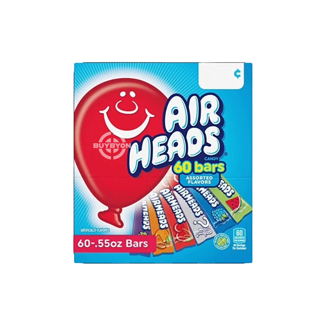 Airheads Singles 60 Count - 16g showcasing individually wrapped chewy candy pieces in various fruity flavours, perfect for sharing and enjoying a burst of sweetness.