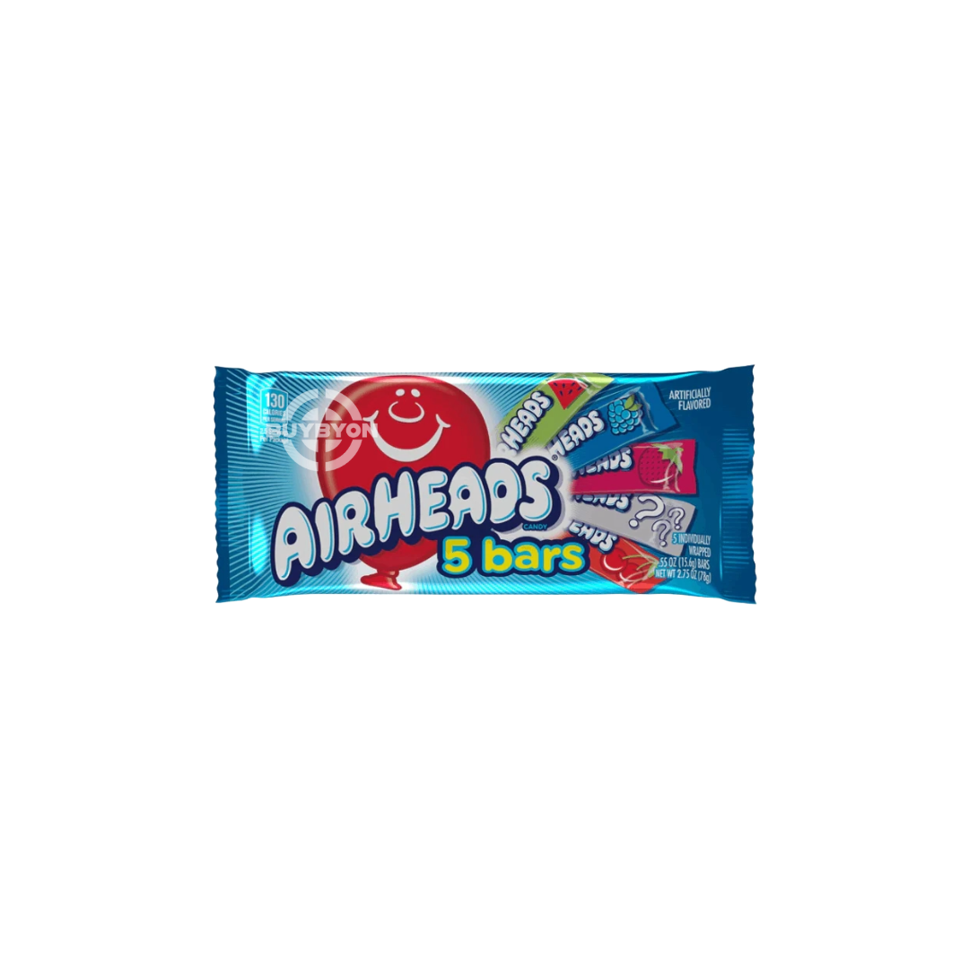 Airheads 5 Bar Pack - 78g showing five individually wrapped chewy candy bars in various fruity flavours, perfect for snacking and sharing.