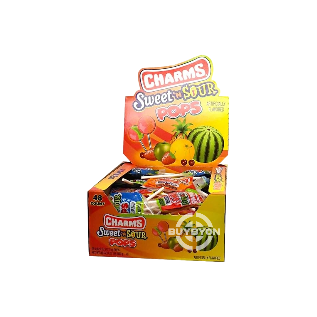 A pack of Charms Pop Sweet &amp; Sour Lollipops - 17g featuring vibrant, colourful lollipops highlighting the fun and exciting appeal of this sweet and sour treat.