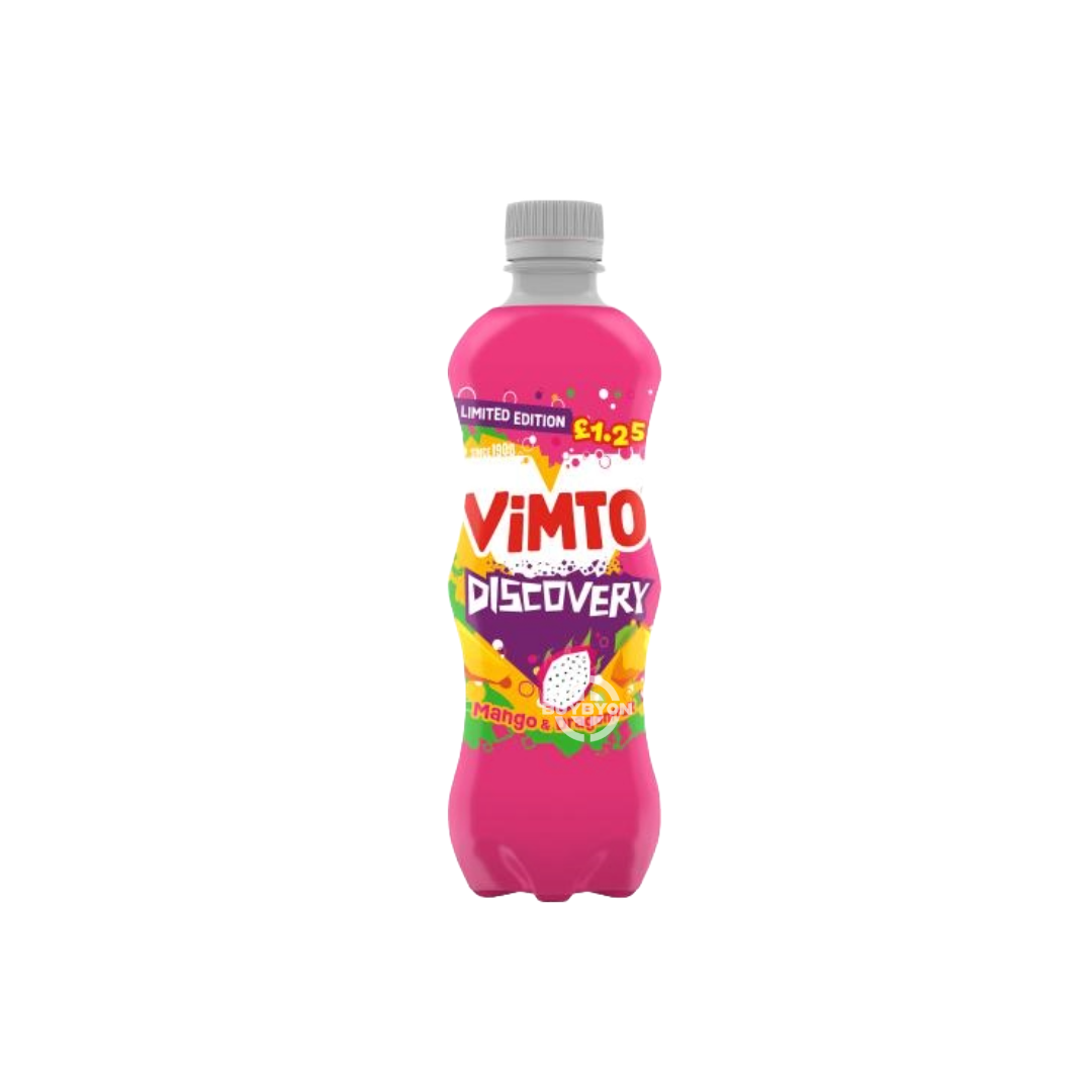 Vimto Discovery Mango & Dragonfruit - 500ml bottle featuring vibrant mango and dragonfruit imagery, distinctive Vimto branding, and a description of the exotic fruit blend. Perfectly refreshing for any occasion, offering a unique and invigorating fruit experience.