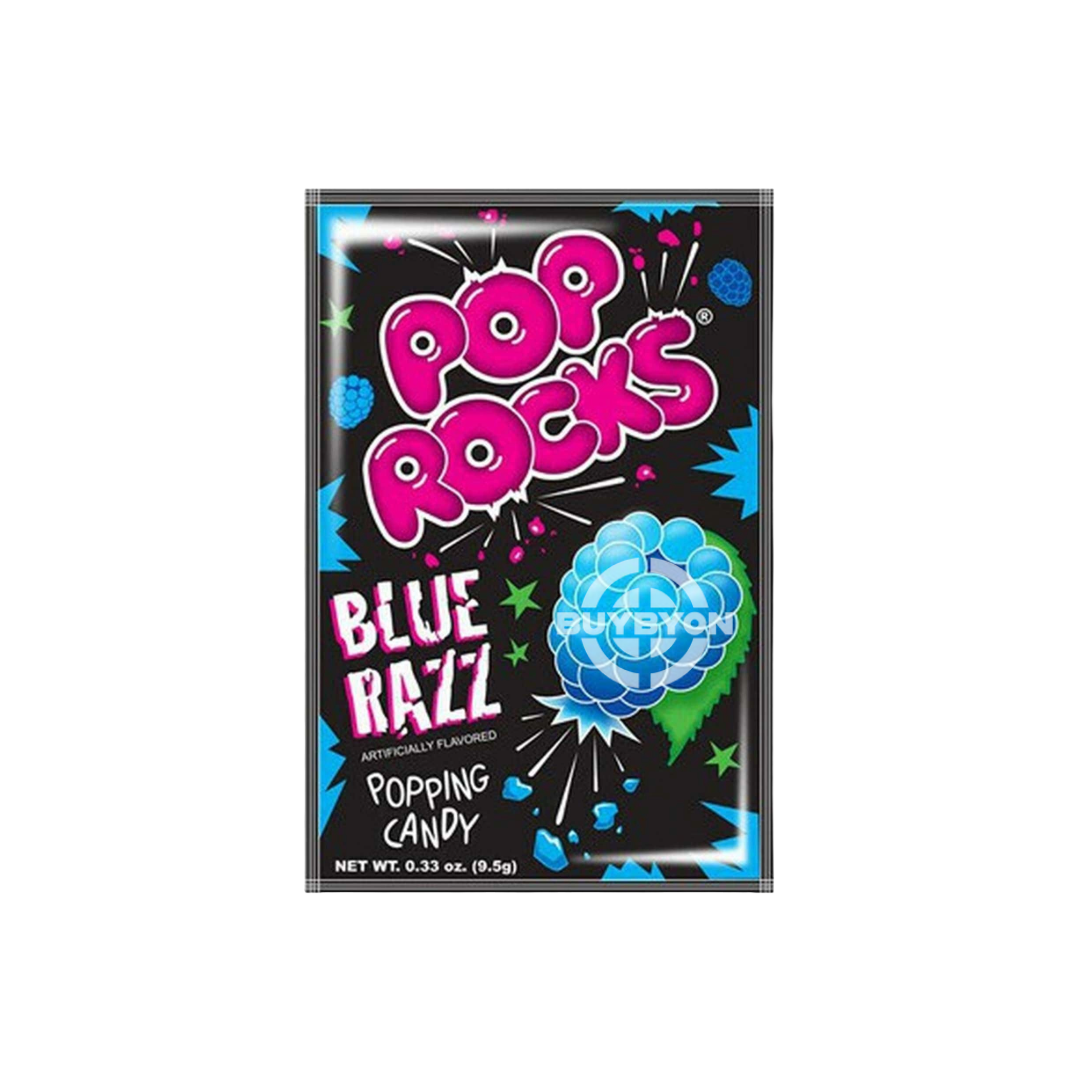 A pack of Pop Rocks Blue Razz - 9g featuring vibrant packaging with popping candy inside, highlighting the fun and exciting appeal of this fizzy and tangy treat.