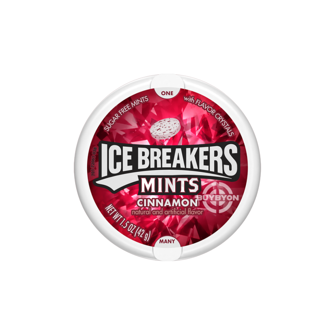 Ice Breakers Mints Cinnamon - 42g showing a pack of spicy cinnamon-flavoured mints, providing invigorating freshness and a bold flavour