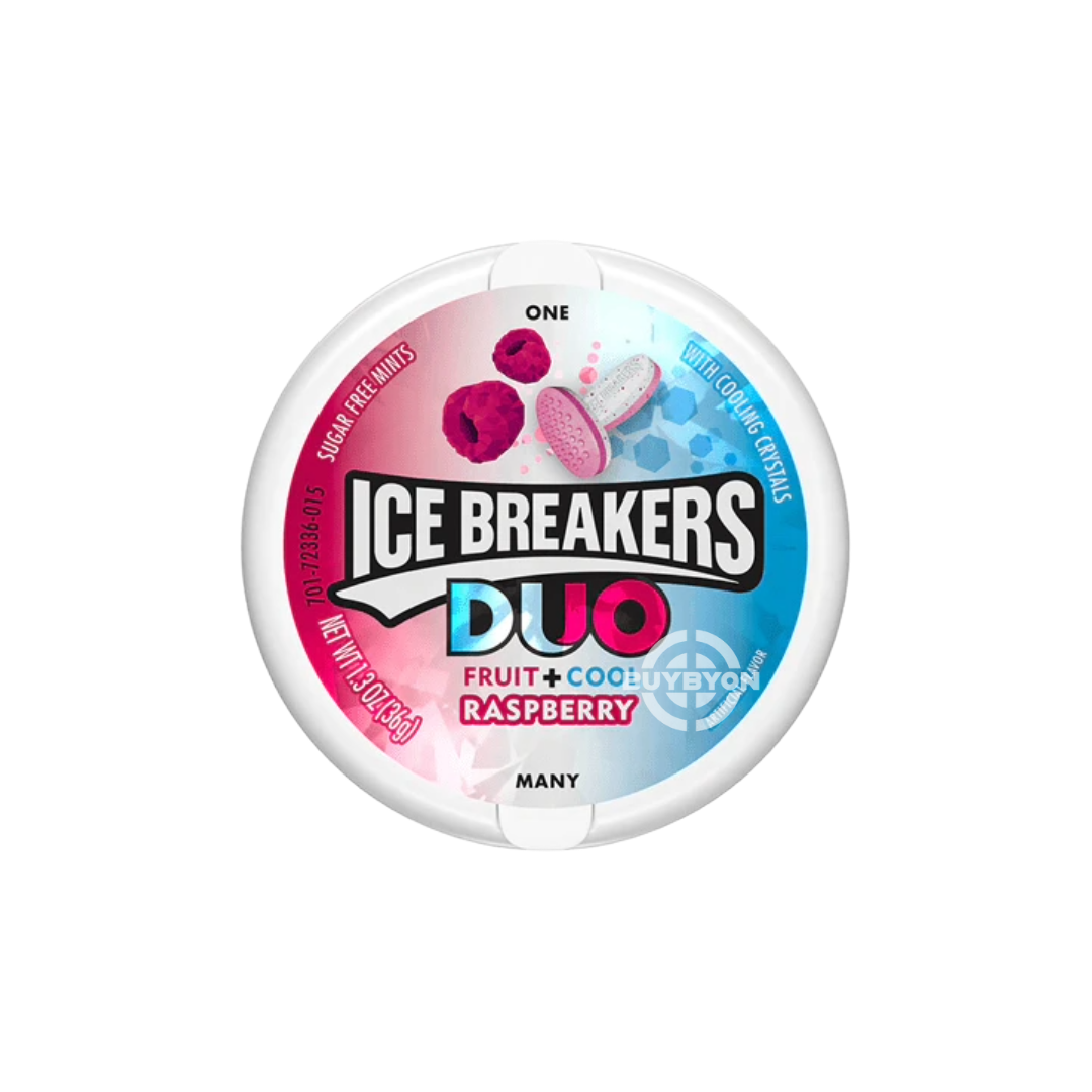 Ice Breakers Duo Mints Raspberry - 36g showing a resealable pack of mints with a fruity raspberry and mint flavour combination, offering refreshing breath and a unique taste experience.